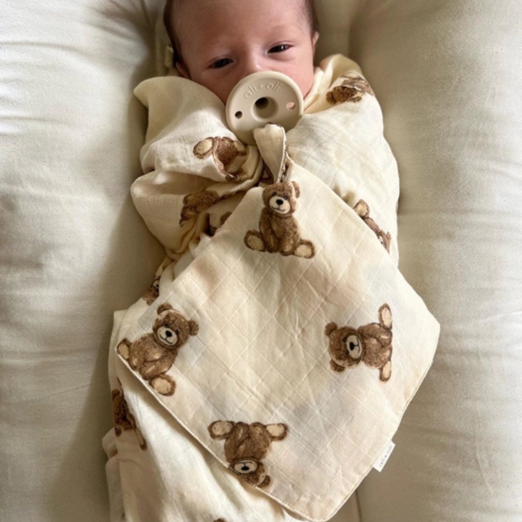 Teddy Bear Bamboo Muslin Pacifier Blanket Holder