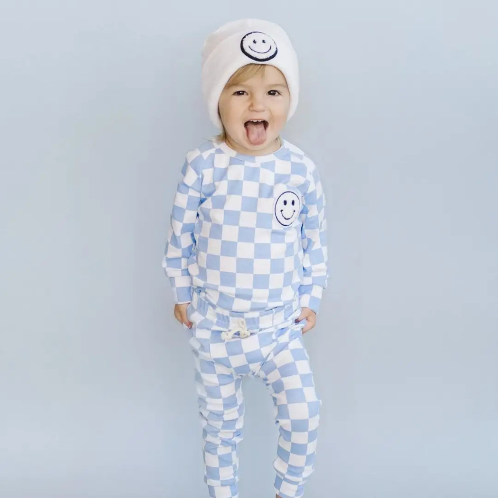 Blue Checkered Smiley Lounge Set